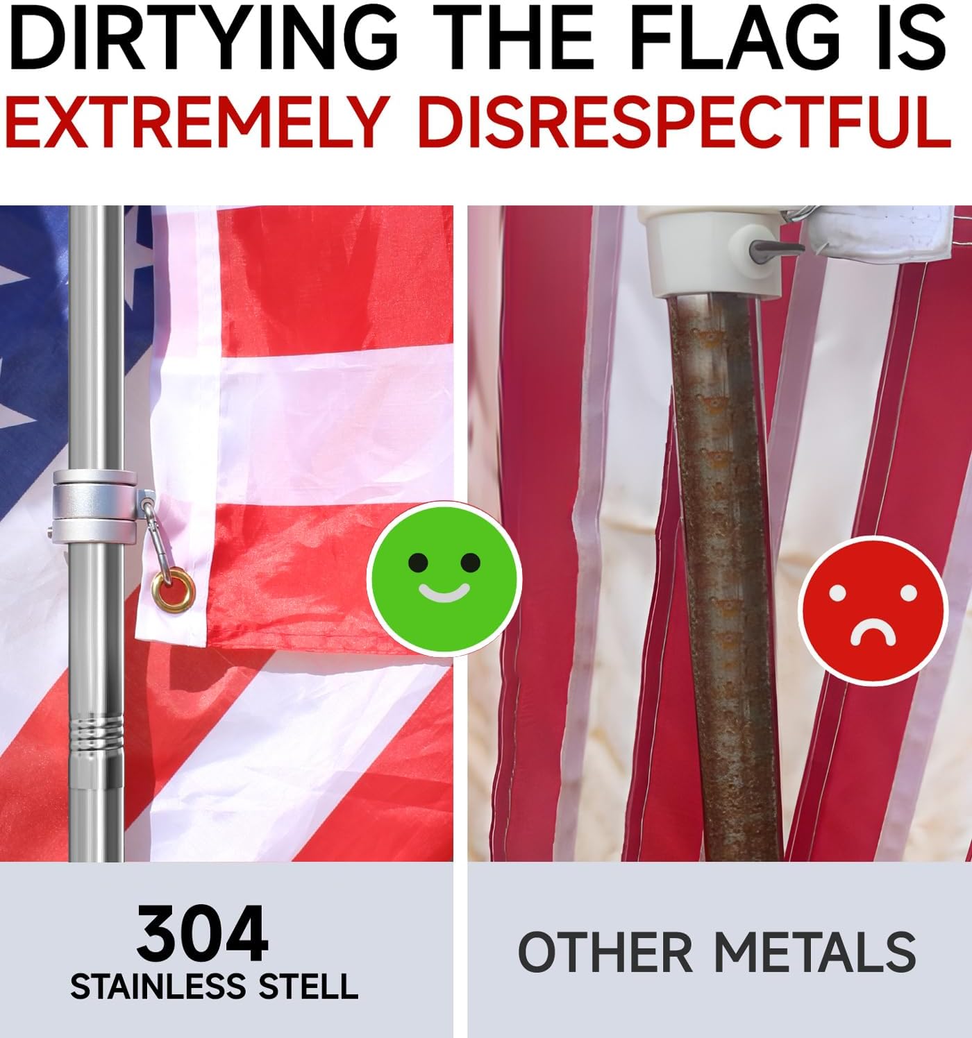 304 Stainless Steel Flag Poles,6 FT Flag Pole for Outside House, 1 Inch Outdoor Flag Pole with Swivels Rings, House Flag Pole for 3x5 Flag, Heavy Duty Flag Pole for Porch(Without Bracket)