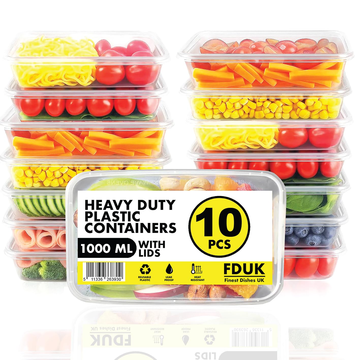 FDUK Food Containers 1000ml 10 Pack – Plastic Food Containers for Meal Prep – Microwave, Freezer & Dishwasher Safe – Reusable, Recyclable, BPA Free, Leak Proof, Stackable Rectangular Boxes