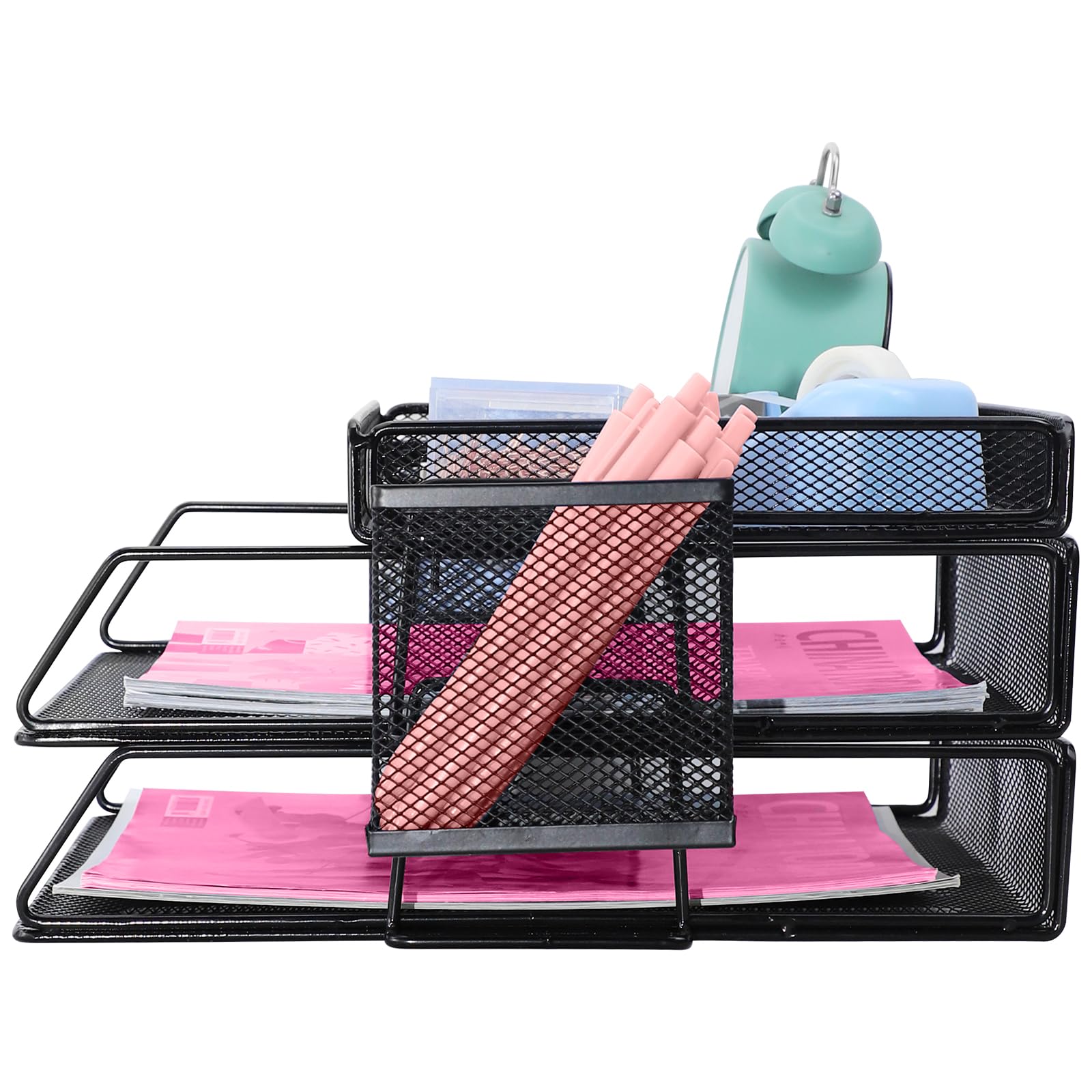 Stapelbare Briefablage aus Metall, Schwarz Schreibtisch Organizer mit 2 Dokumentenablage und 2 Stiftehalter, Mesh Schreibtischablage für A4 Dokument, Büroablage, Postkörbe