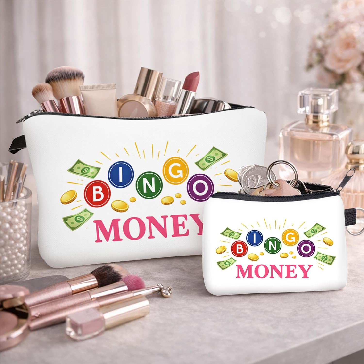 Bingo Money Makeup Bag Set, Bingo Lover Gift for Women, Funny Bingo Player Cosmetic Bag, 2 Pack Large and Small Zipper Pouch, Bingo Night Accessories Travel Organizer image 2