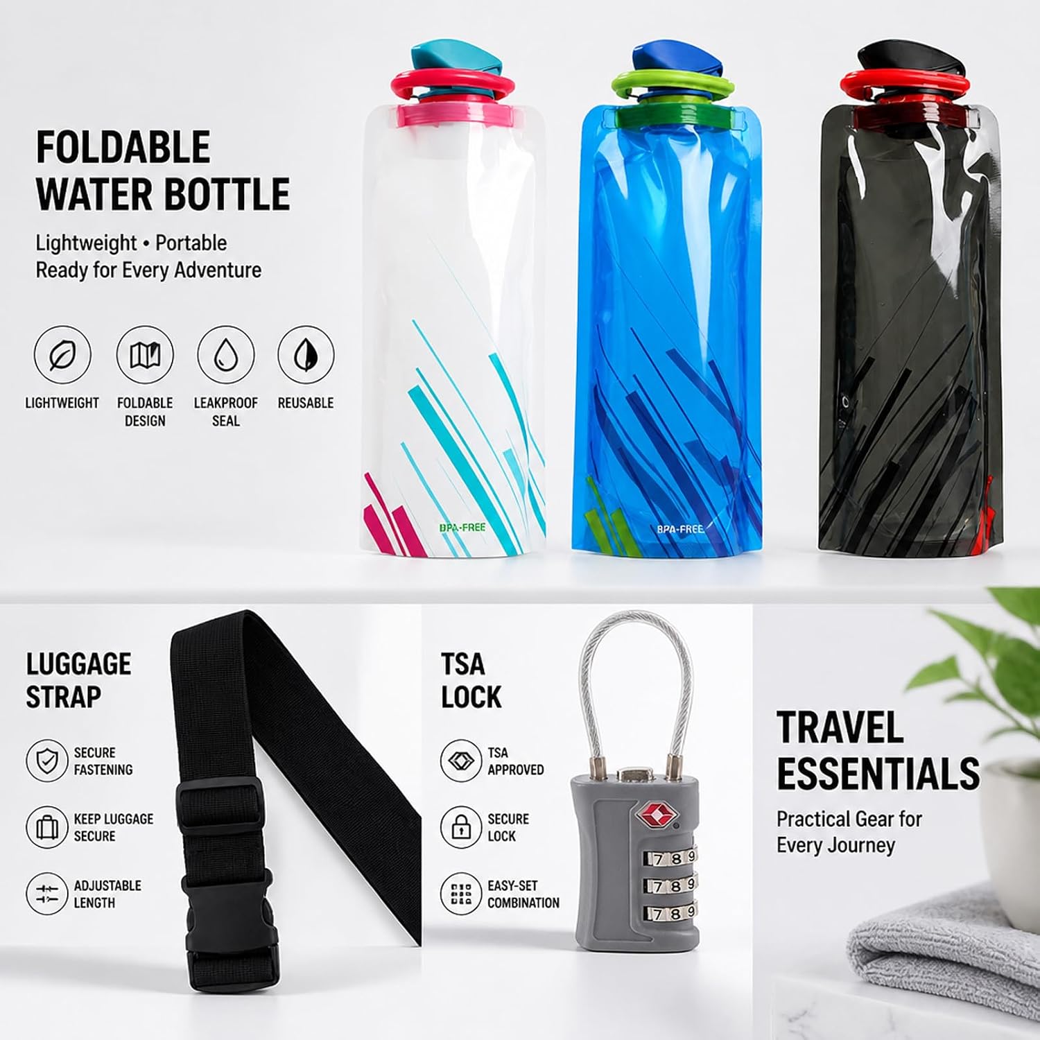 Travel Essentials Kit - Collapsible Water Bottle - Sun Sleeves - Wristband image 3