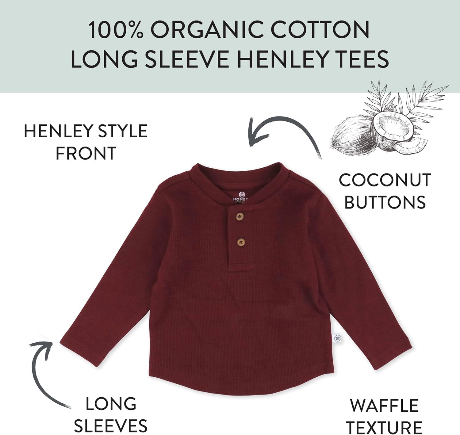 HonestBaby Boys' Baby Toddler & Kid Waffle Henley 100% Organic Long Sleeve Shirts (5-Pack)