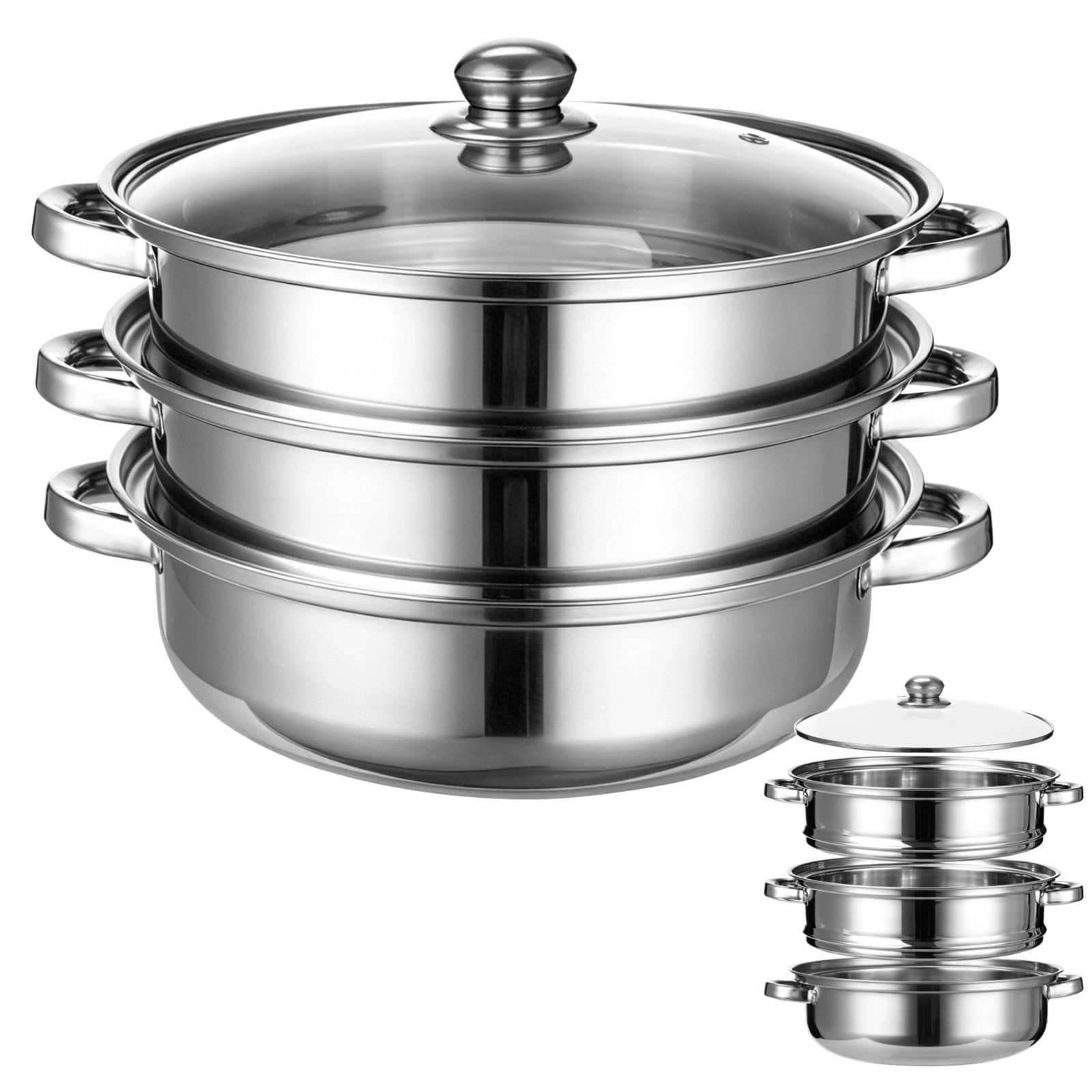 3-stöckiger Dampfgarer Topf mit Glasdeckel, Dampfgarer 28 cm aus Edelstahl