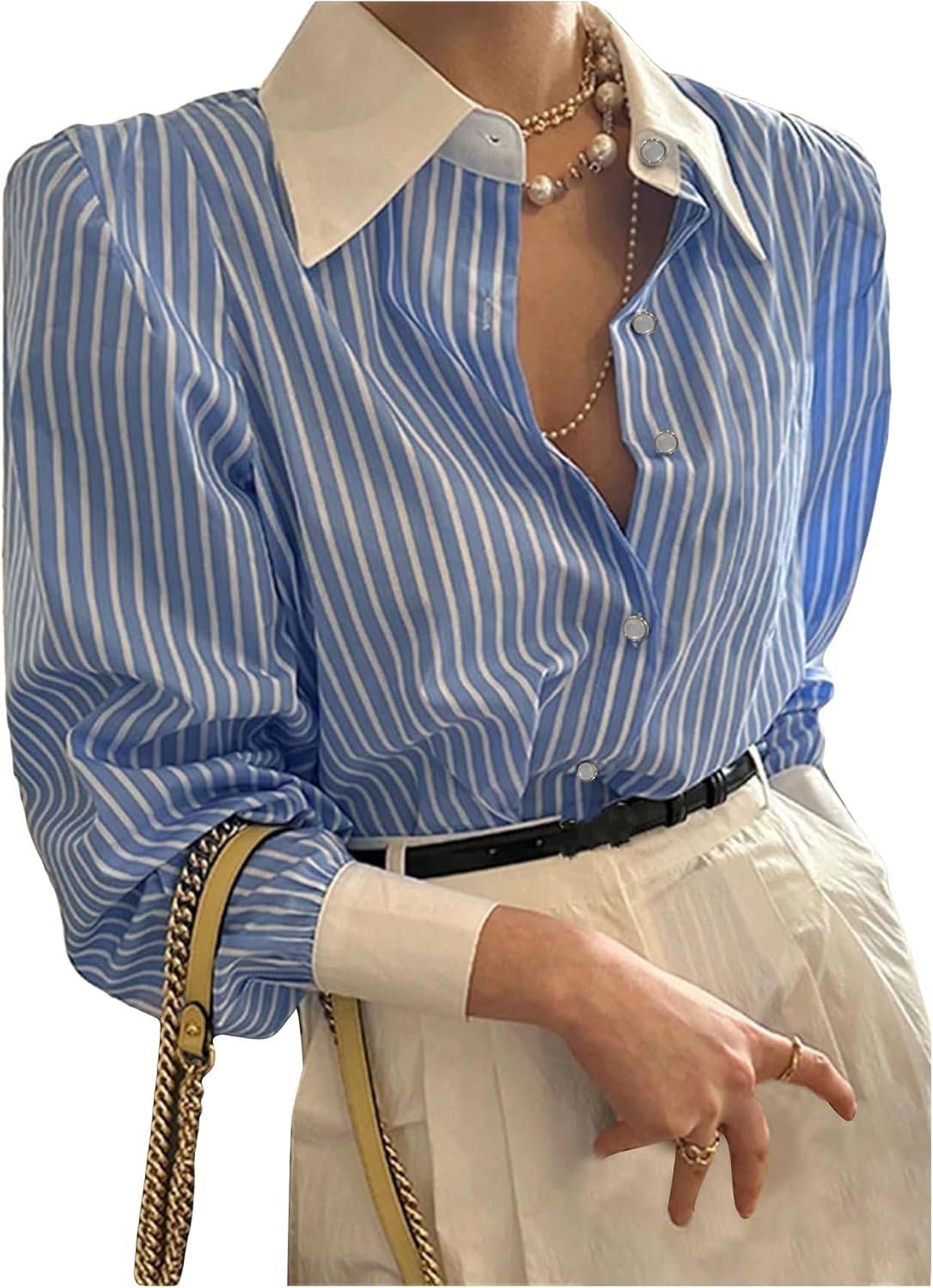 GORGLITTER Women's Striped Puff Long Sleeve Button Down Shirts Blouse Business Casual Fall Collared Work Office Tops - Image 4