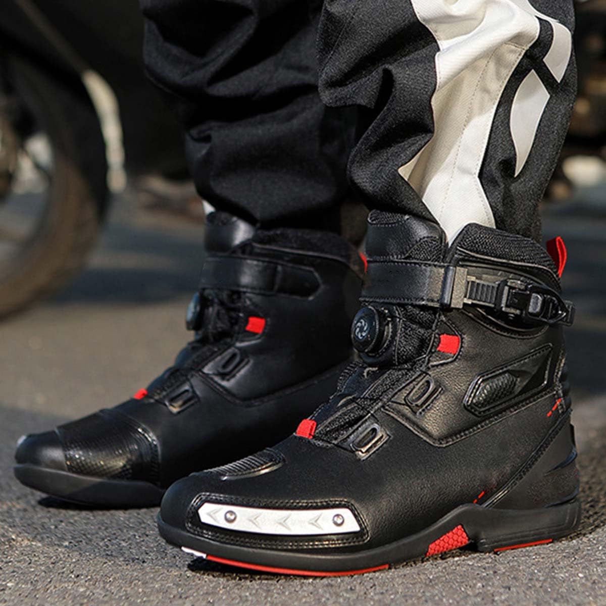 Scarpe da Moto Uomo, Stivali Moto Impermeabili con Dettagli Riflettenti e Suola Antiscivolo – Stivali Motociclisti Chiusura Rapida