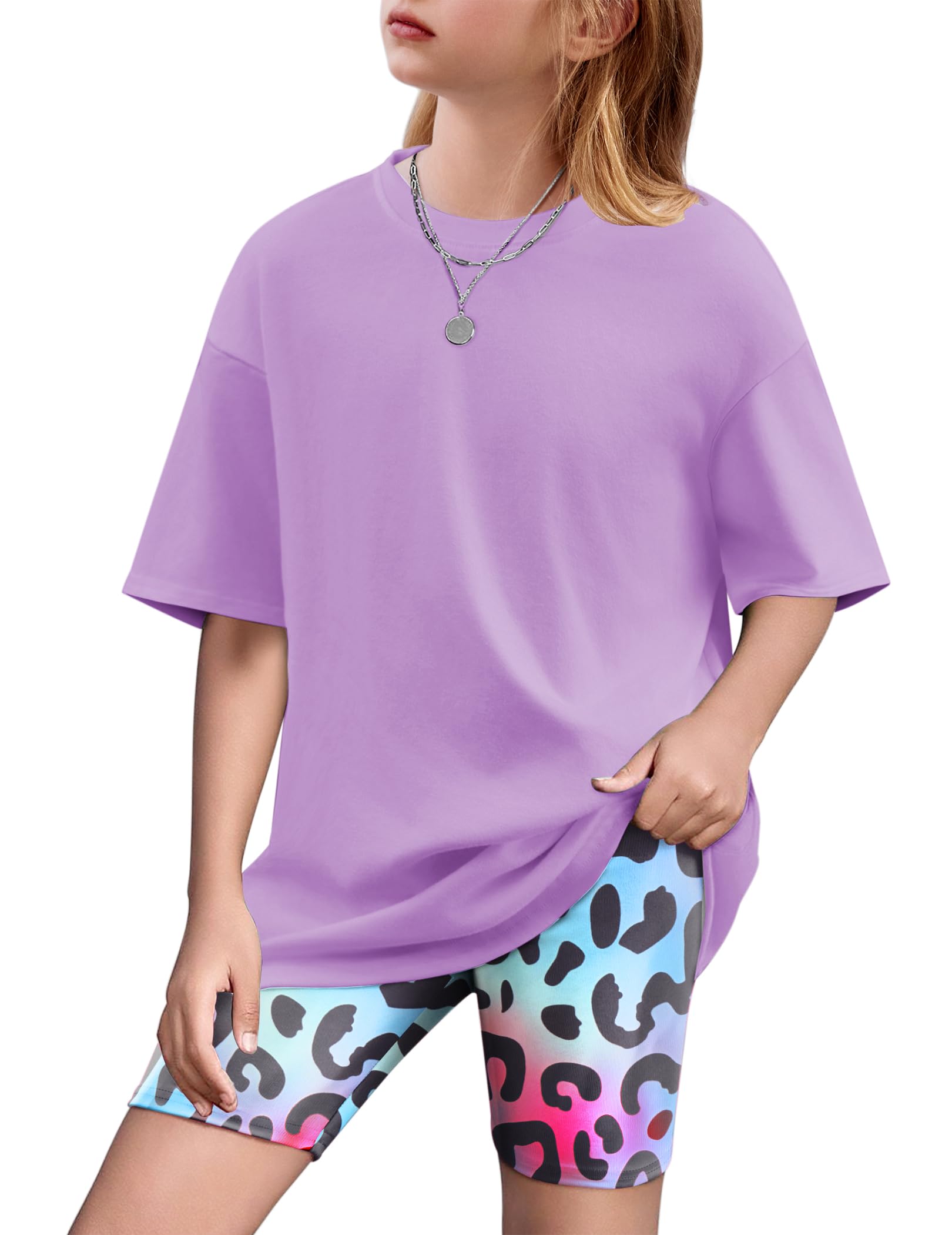 Arshiner Girls 2 Piece Outfit Summer Oversized Tops and Biker Shorts Set