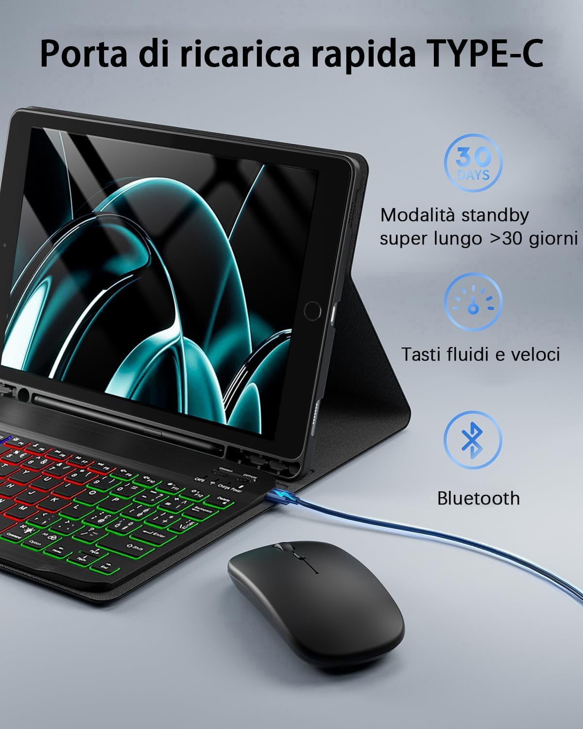 iPad A16 11 Generation 2025 iPad 10 Generation 2022 10.9-11 Pollici Cover Custodia Protettiva con Tastiera Retroilluminata Bluetooth Italiano QWERTY e Mouse Nero