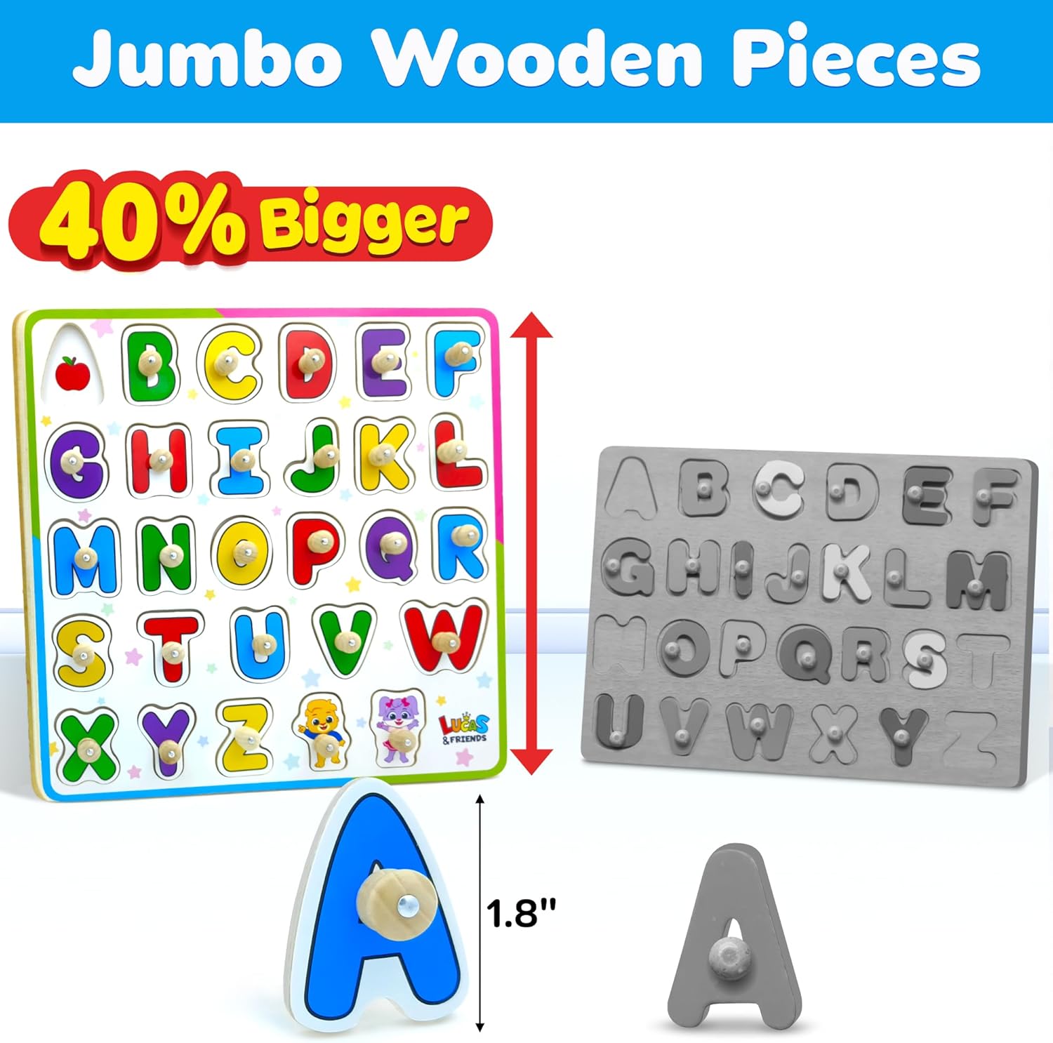ABC Puzzle for Toddlers, Wooden Montessori Toys for Baby Boys and Girls, ABC Alphabets Learning for Toddler, Educational Alphabet Learning Toys, Peg Puzzle Board for Preschool Kids by Lucas & Friends