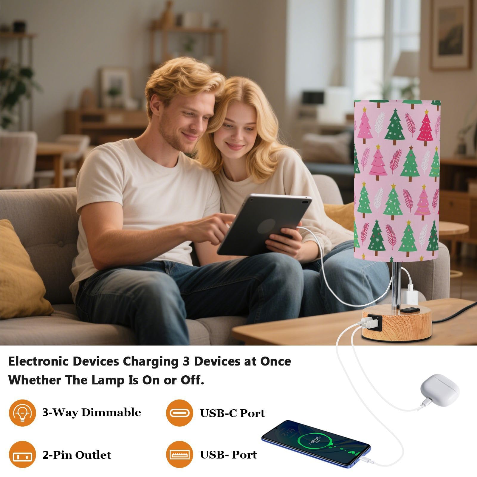 Yuiboo Tischlampen mit USB C + A Ports, Nachttischlampen