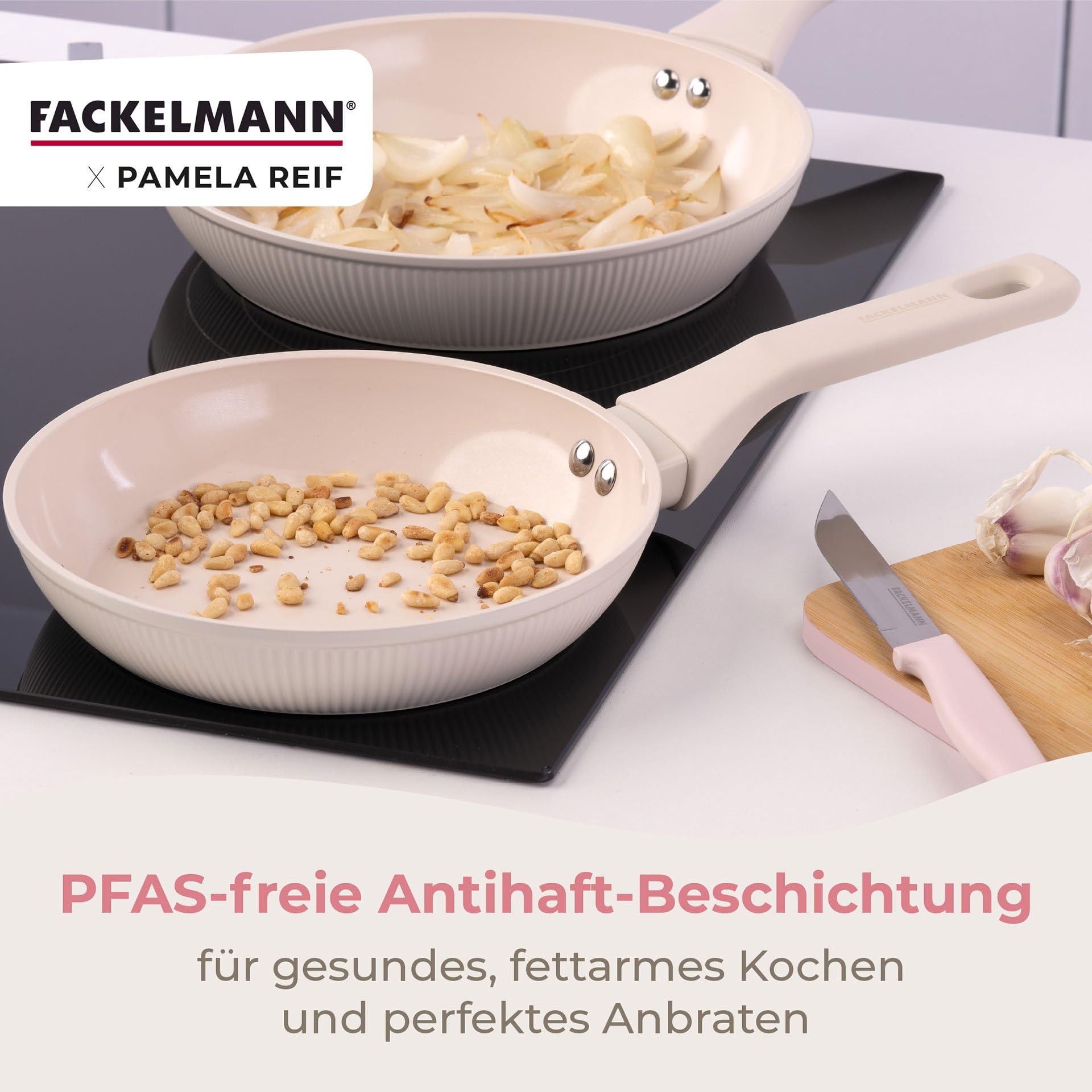 FACKELMANN x Pamela Reif Bratpfannen-Set 3-tlg Ø 20/24/28 cm – recyceltes Aluminium, Pastell-Beige, PFAS-freie Keramikbeschichtung, modernes Rillen-Design, für alle Herdarten