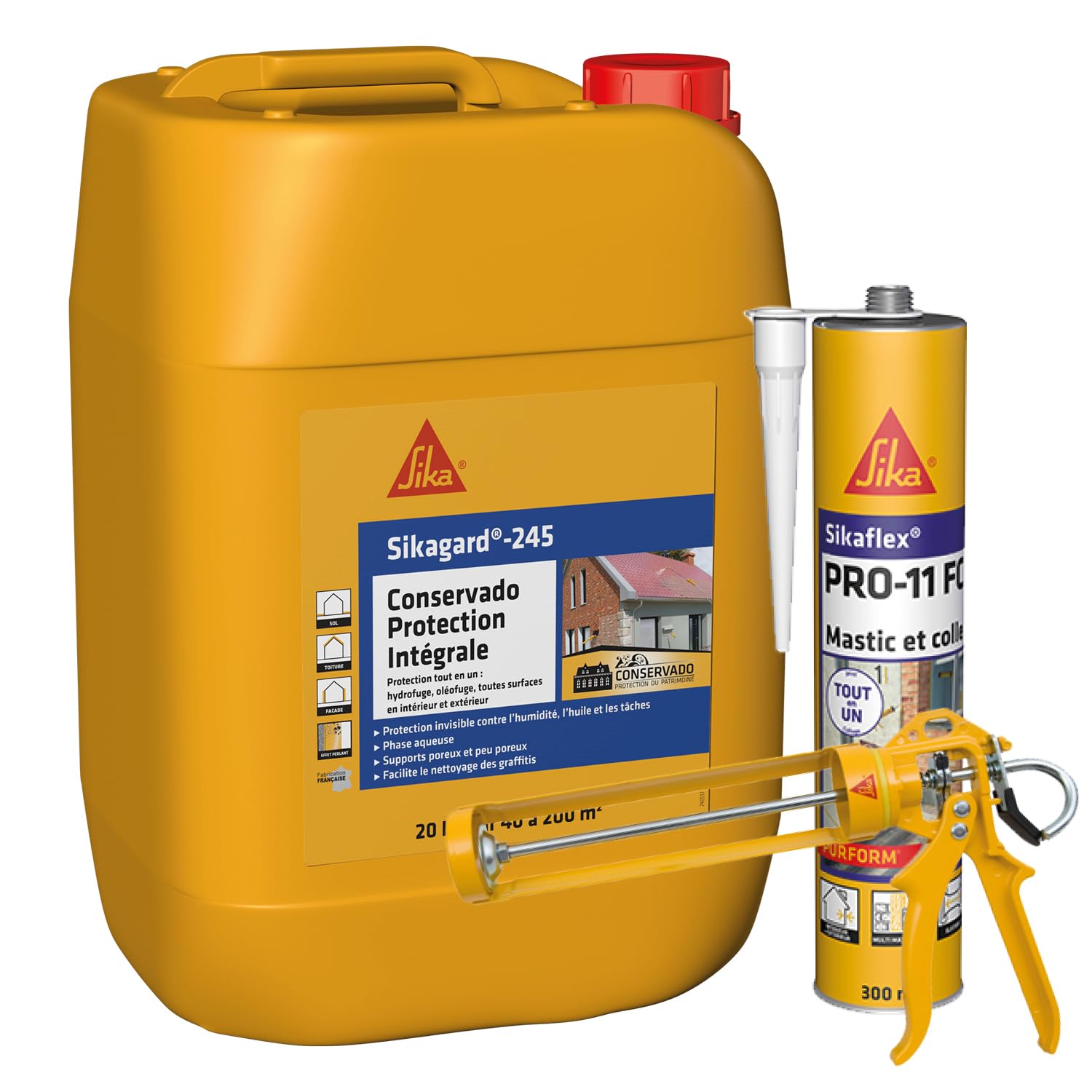 SIKA - Protection hydrofuge tout en 1 - Pour façade, toiture, terrasse et sol - Prêt à l'emploi - 20L + Mastic-Colle PU - Tout en 1 - Multi-matériaux - Int/Ext - Blanc- 300ml + Pistolet d'application
