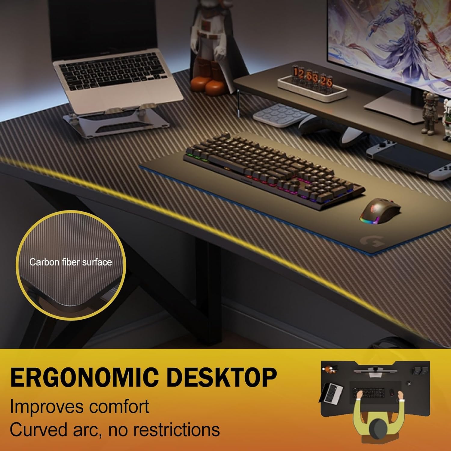 Gaming Table with Stand, K-Type Support Frame, Sturdy Computer Desk with Ergonomic Desktop, Computer desks for Home for Office, Study, Black