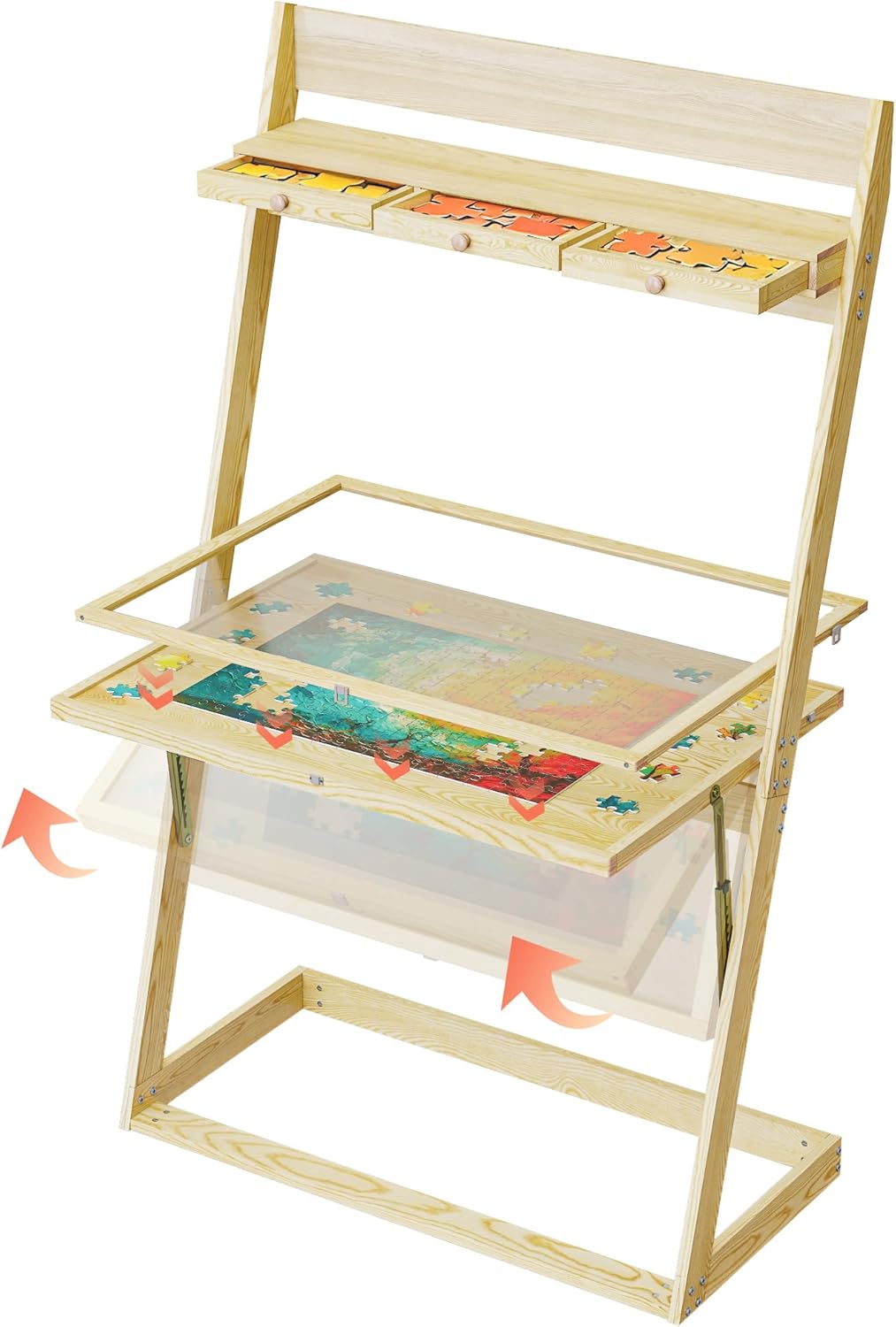 Puzzle Table with Drawers & Cover & Shelf,1000-1500 Piece Jigsaw Puzzle Board with Leg Solid Wood Jigsaw Table for Adults, 0° - 65°,Angle Tilting，38"x27"