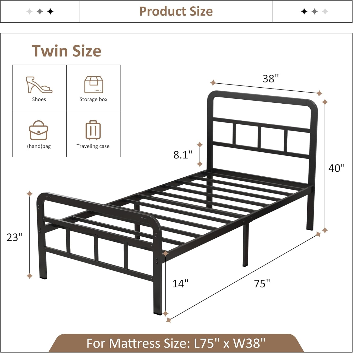 Twin Bed Frames with Headboard and Footboard 14 Inch, Twin Platform Bed Frame with Strong Metal Slats Support, Under-Bed Storage, Noise Free, Easy Assembly, Black - Image 2