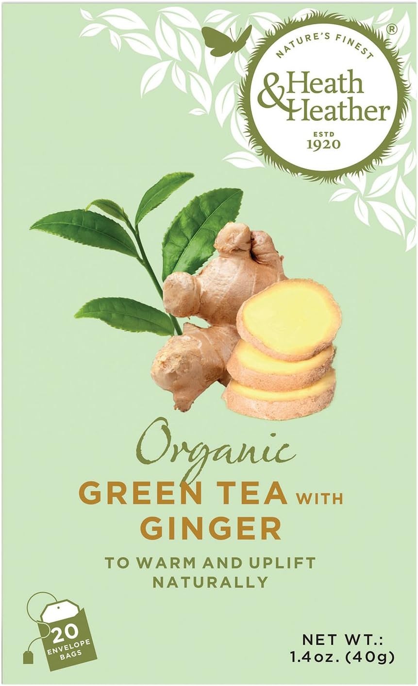 Heath & Heather Organic Green Tea with Ginger (Case of 6, Total 120