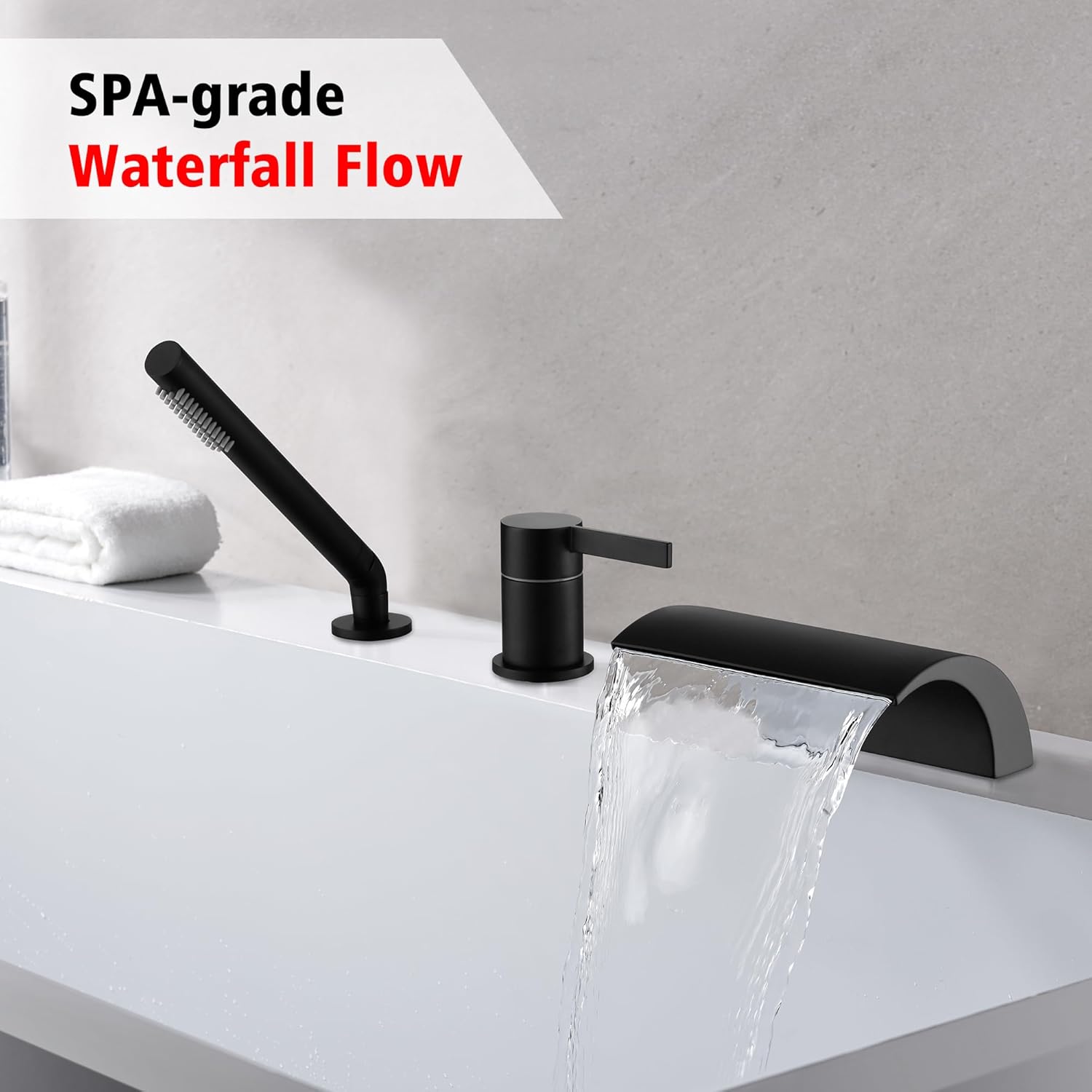 SUMERAIN Matte Black Bathroom Bathtub Faucet Set with Sprayer, High Flow 3-Hole Deck Mount Waterfall Roman Tub Faucet