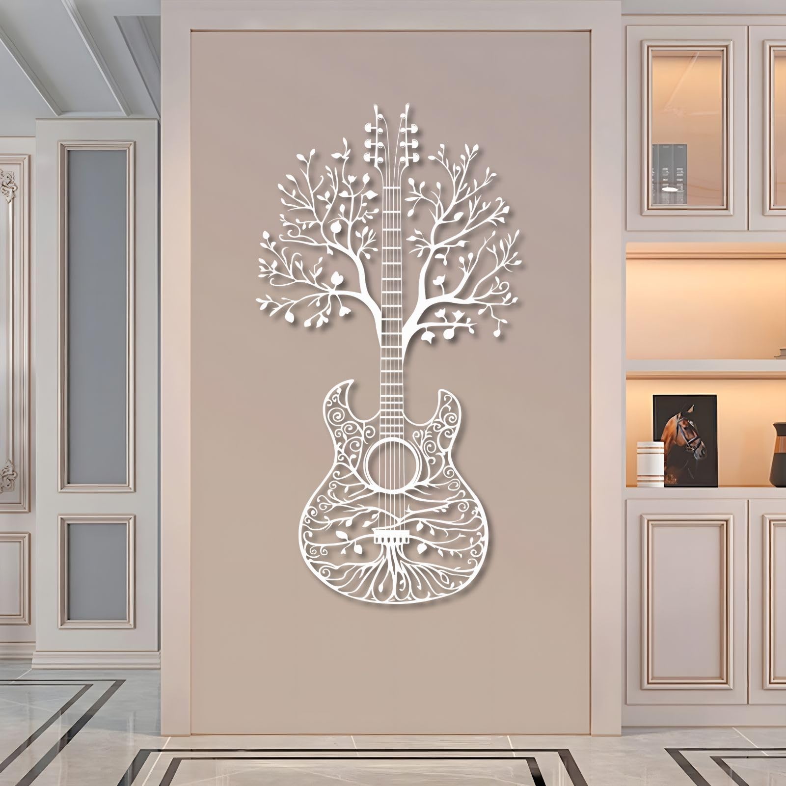 Arte murale in Metallo Nero Albero della Vita Chitarra Metal Musica Natura Studio Arte Decorazione murale Albero della Vita Chitarra Decorazione Scultura Moderna per Soggiorno Camera da Letto Corrido