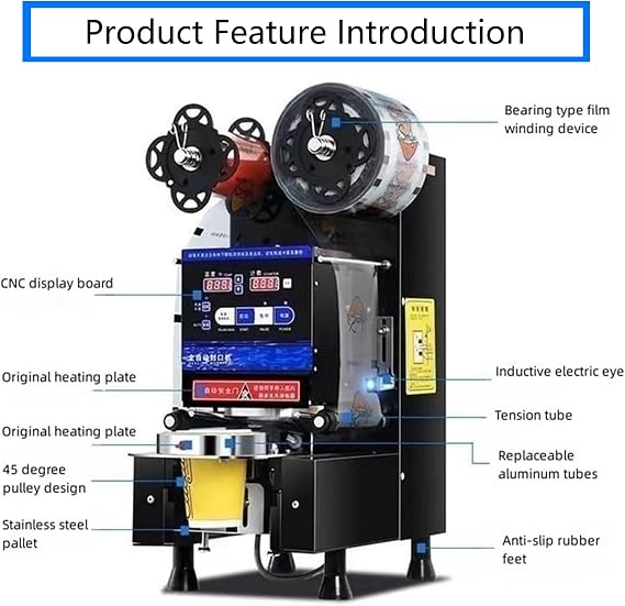 Commercial Fully Automatic Bubble Tea Cup Sealing Machine,600-800 Cups/H Digital Control LCD Panel Cup Sealer,for Milk Tea Coffee, Manual Automatic Dual Mode,Black