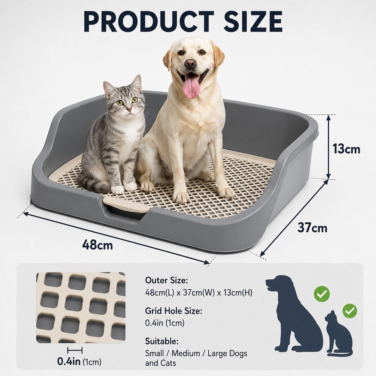 Katzentoilette für Hunde, Katzen, 48 x 37 x 13 cm, Toilette für Hunde und Katzen, mit erhöhtem Gitter und Trainingspick, einfache Reinigung, Anti-Pipi, hohe Wände, gegen Urinspritzen