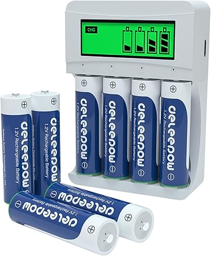 Deleepow Baterías recargables AA Ni-MH 3300mAh 1200 ciclos (8 piezas) con cargador de batería inteligente LCD para baterías recargables AA AAA