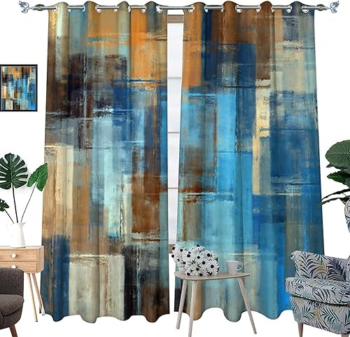 Miniatura 3 de Cortinas coloridas de pintura abstracta azul moderna, para patio, acuarela, graffiti, estilo pintura, con aislamiento térmico, ojales en la parte