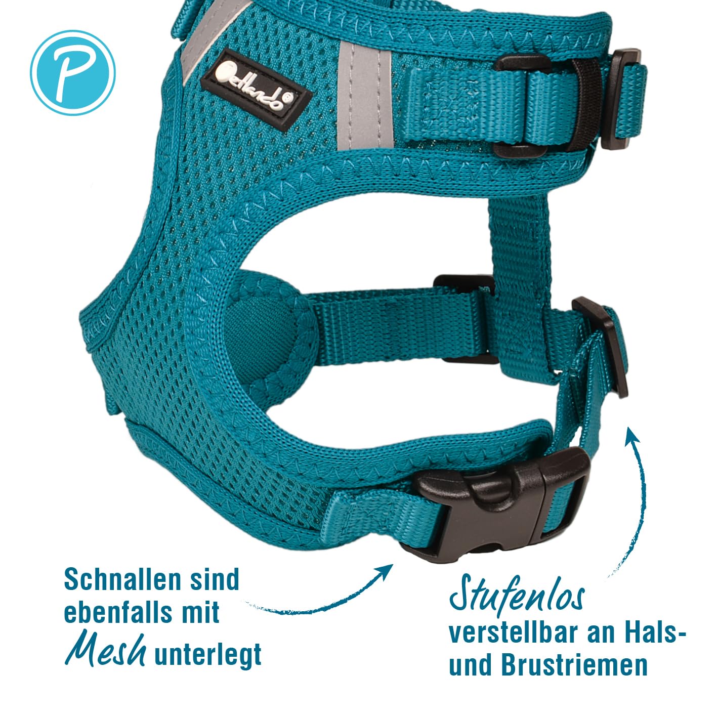 Petlando Hundegeschirr Mesh Vest, leichtes Brustgeschirr aus weichem Mesh & Nylon, stufenlos verstellbar, reflektierend mit 2 D-Ringen, Petrol L, Geschirr Hund gepolstert