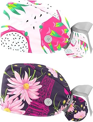 Adjustable Working Caps with Buttons for Women Aesthetic Pink Dragon Fruit Surgical Nurse Hats 2 Pack