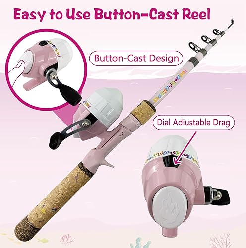 Miniatura 4 de Juego de caña de pescar para niños, caña de pescar y carrete para niños con red de pesca, caja de aparejos con señuelos, anzuelos y bolsa para niñas