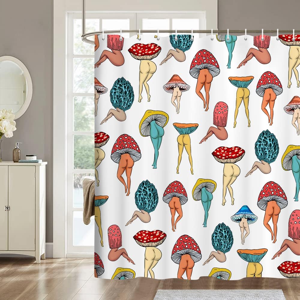Funny Mushroom Butt Shower Curtain, Fun Cute Sexy Butt 70S 80S Fabric Shower Curtains for Bathroom Hippie Psychedelic Aesthetic Colorful Unique Cool Cloth Bathroom Curtain with 12 Hooks 70X84IN