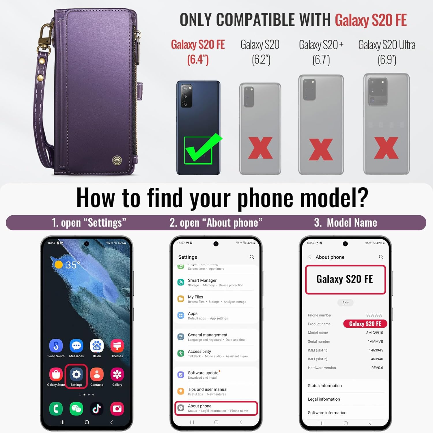 Defencase Compatible with Samsung Galaxy S20 FE 5G Case Wallet with RFID Blocking Card Holder for Women Men, PU Leather Magnetic Snap Flip Zipper Strap Wallet Phone Case Fit for Galaxy S20 FE, Purple