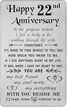 TANWIH 22nd Anniversary Card for Her Wife, 22 Year Anniversary Card Gifts for Her Women, 22nd Wedding Anniversary for Wife, Engraved Metal Wallet Cards