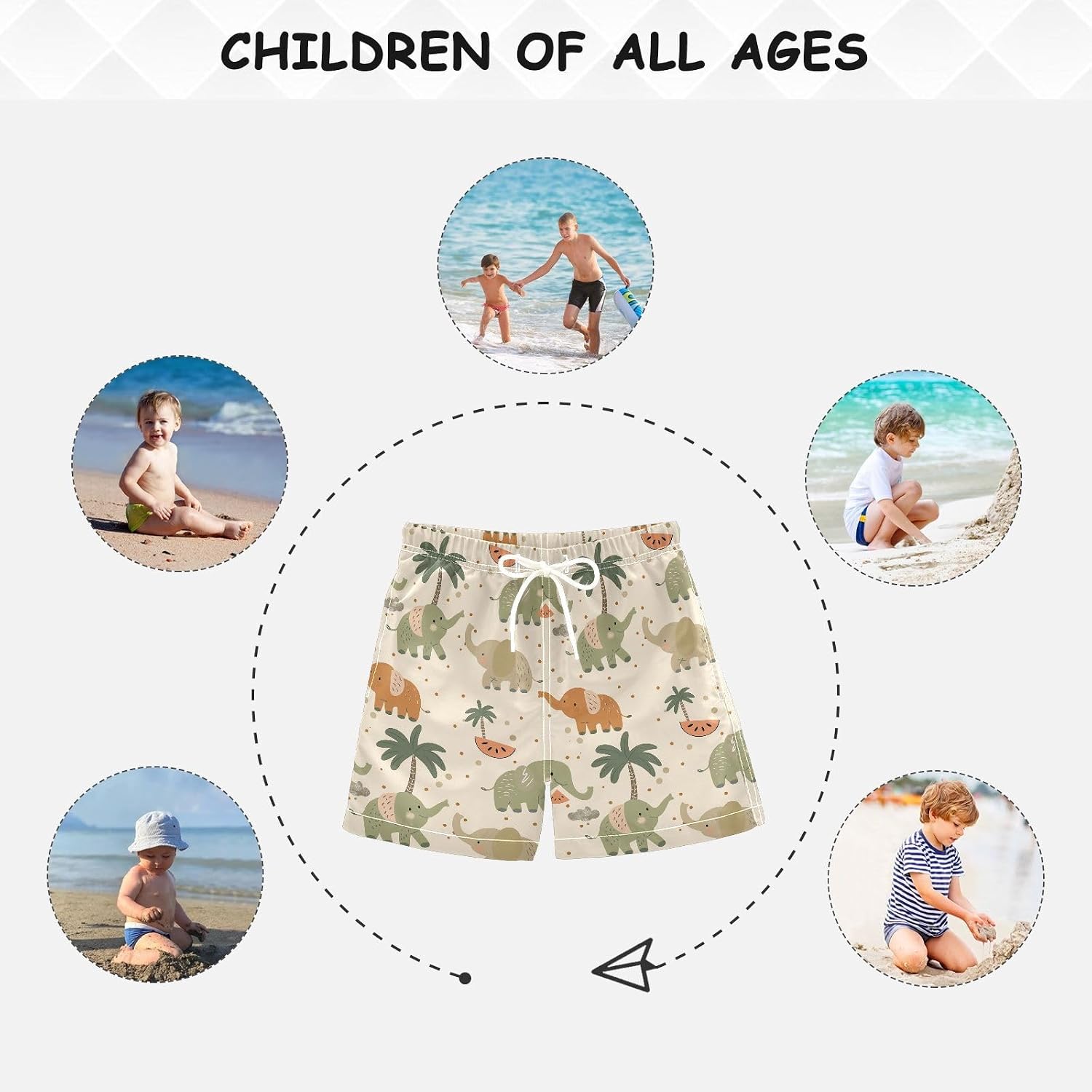 visesunny Elephant Coconut Tree Boys Swim Trunks Quick Dry Drawsting Boy's Beach Shorts Boy Bathing Suit with Pockets