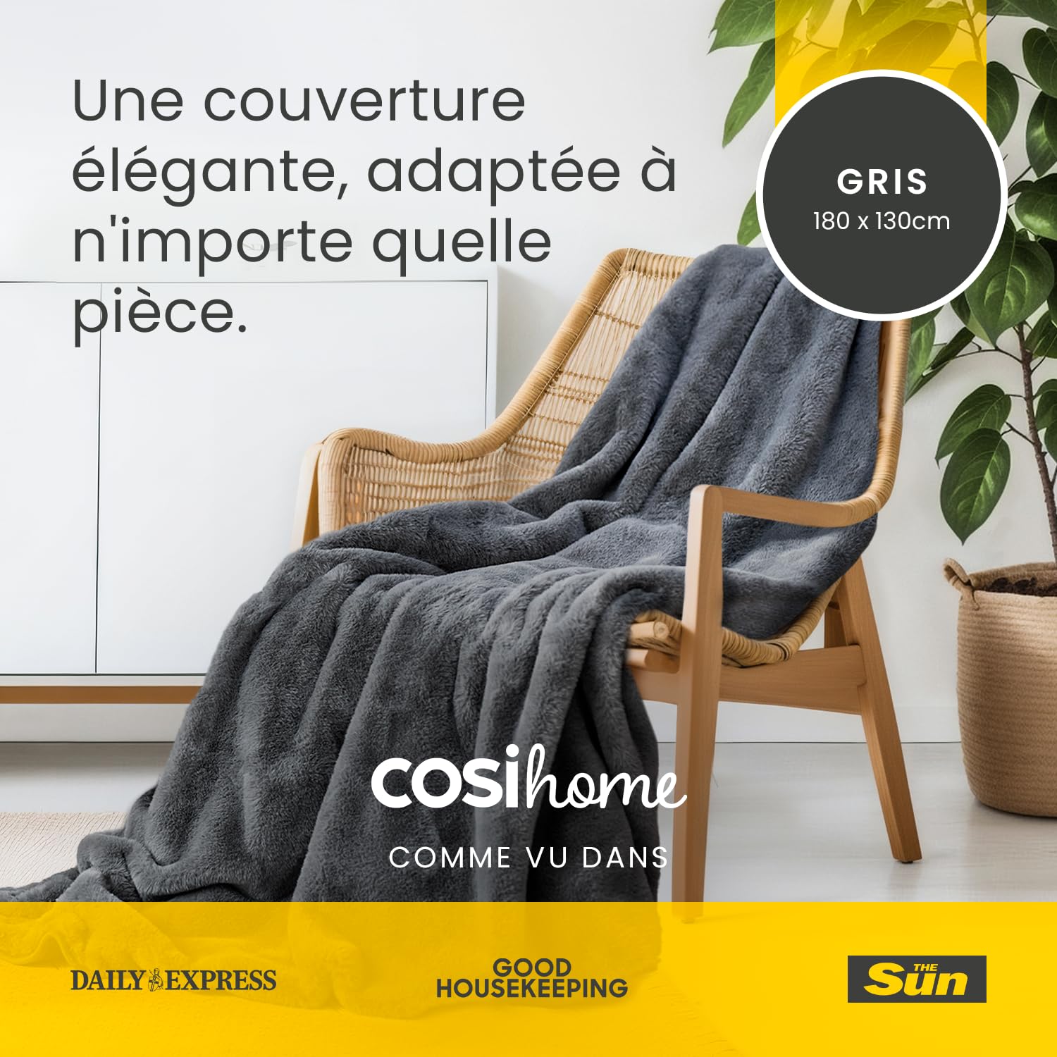 Cosi Home Couverture Chauffante, Couverture électrique en Fausse Fourrure, Plaid Chauffant Extra-Large 180 x 130 cm, 9 réglages de température, Lavable en Machine, Minuterie 9h - Gris