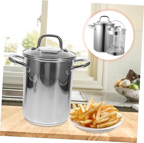 Miniatura 9 de Hemoton Olla de acero inoxidable con cesta coladora y asa, olla de 11 pulgadas para uso doméstico, ideal para freír pescado, camarones, pollo, papas