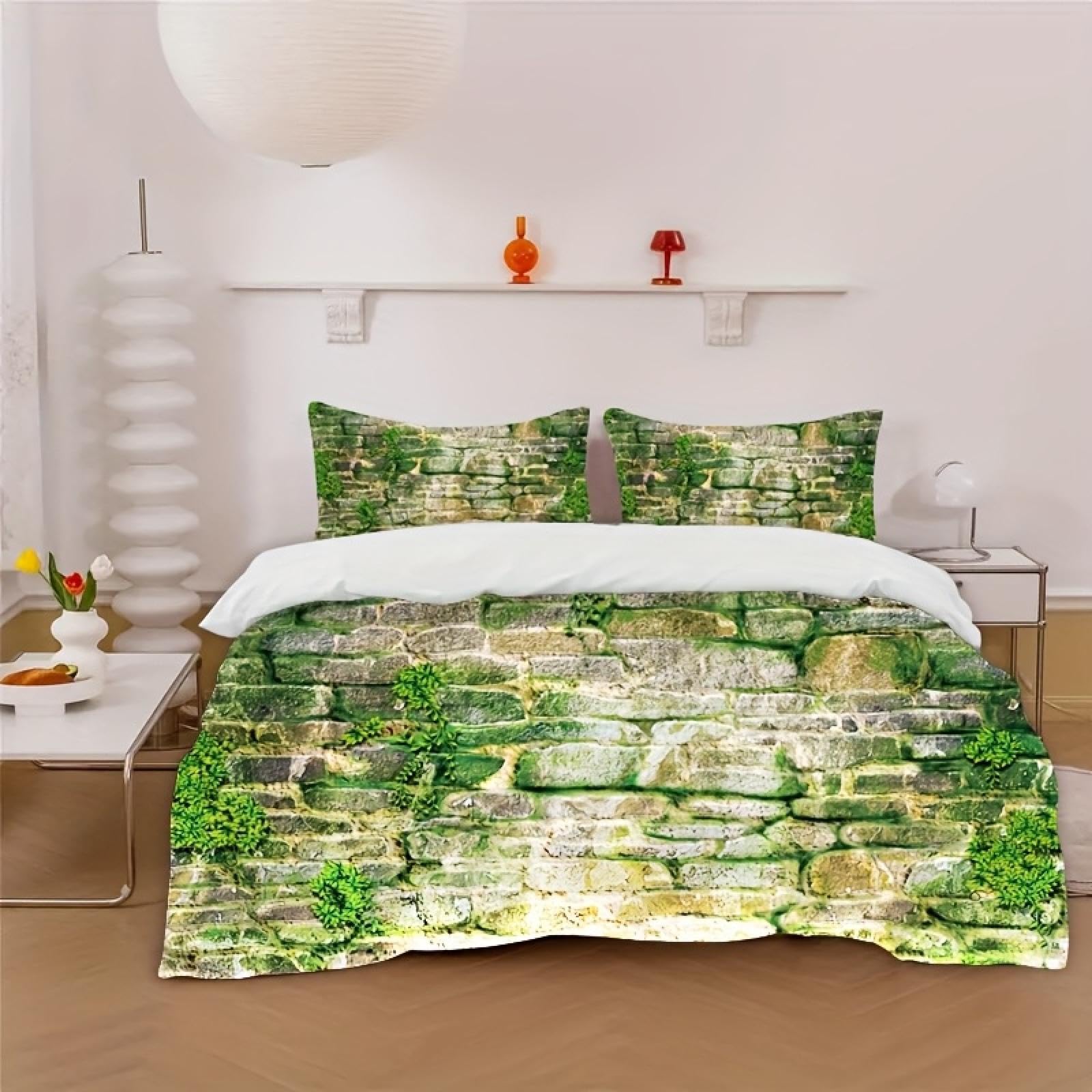 Housse de lit imprimée en pierre, mousse et plantes vertes 100x135cm