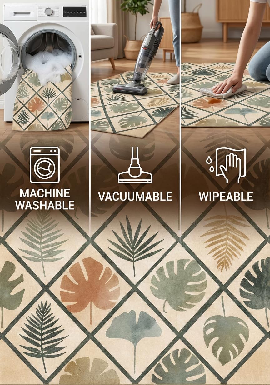 5x7 Area Rug for Living Room，Sage Green Modern Abstract Diamond Leaf Rug Non-Slip Washable Bedroom Dining Room