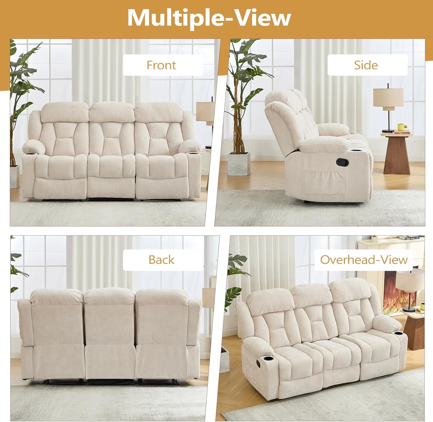 ANJ Manual Recliner Sofa,Chenille Fabric Reclining 3-Seat Living Room Furniture Sets with Cup Holders,Side Pocket,Wall-Hugger Design for Living Room Home Theater Bedroom RV,Beige