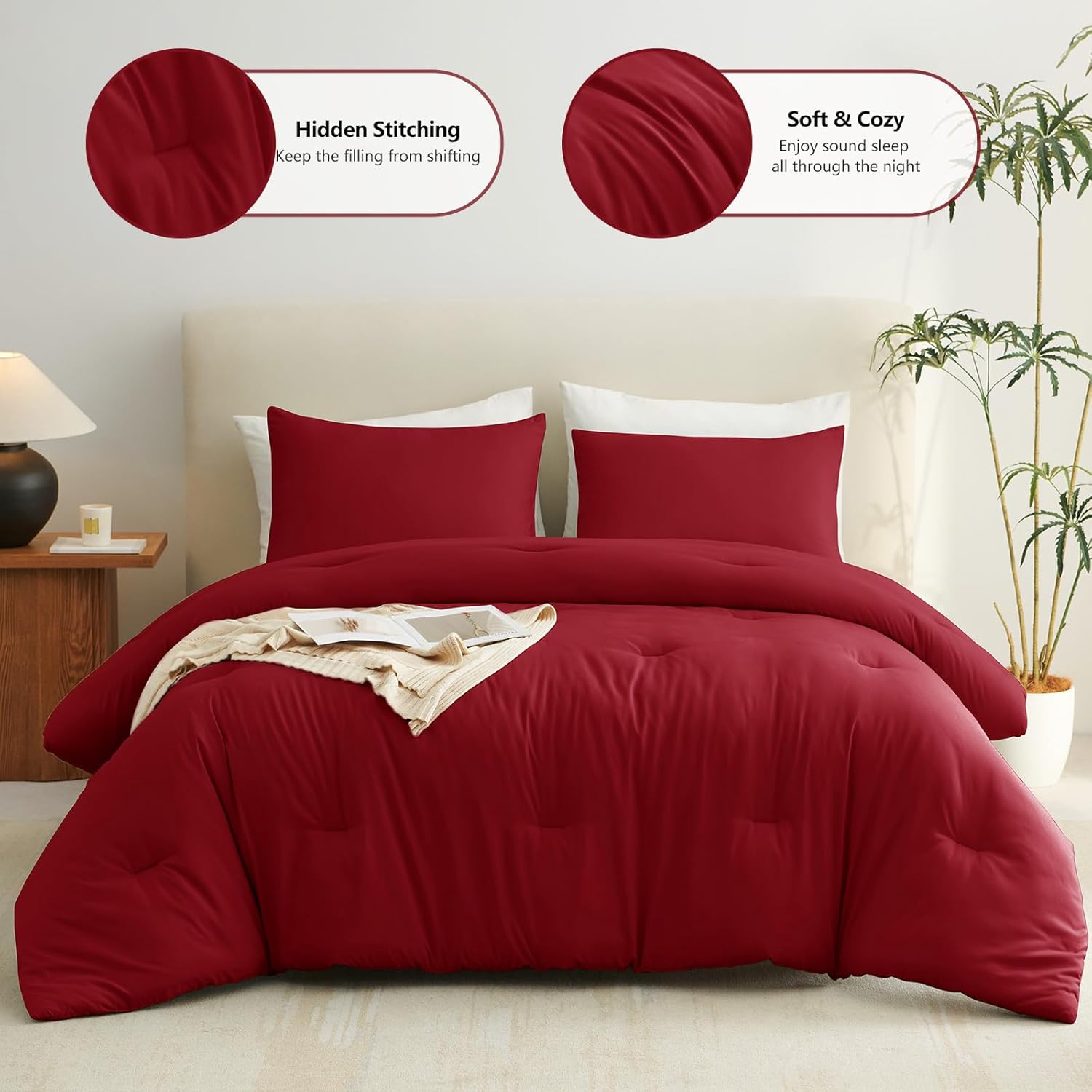 CozyLux Queen Comforter Set Dark Red, 3 Pieces Solid Queen Comforter Breathable Quilted Style Bedding Sets, Luxury Soft Bed Set with Down Alternative Comforter All Season (1 Comforter & 2 Pillowcases) - Image 2