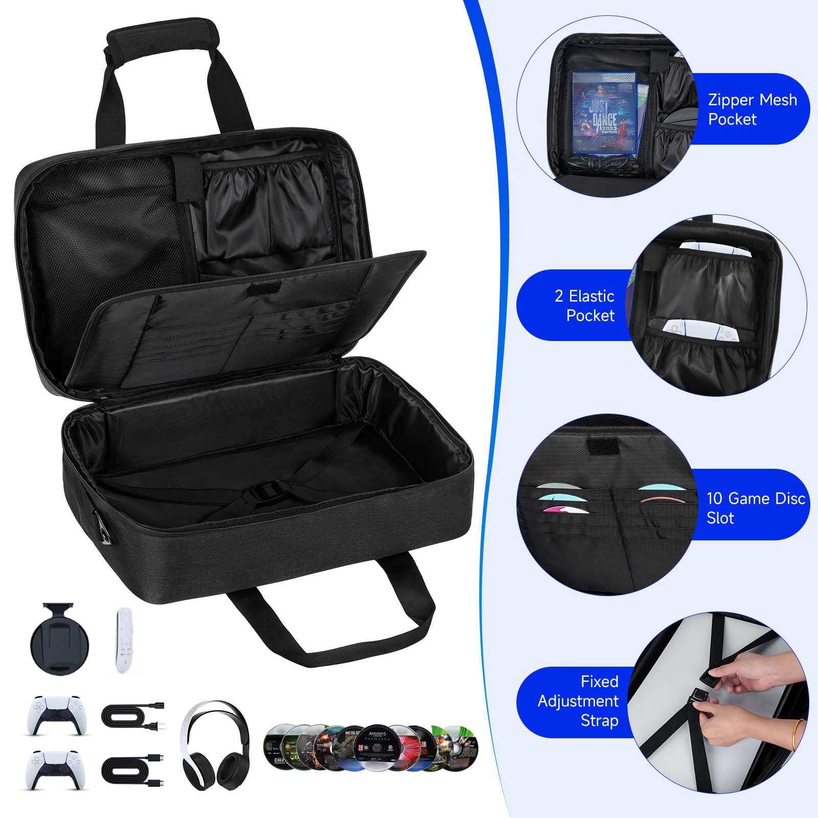 LEFOR·Z Custodia da trasporto compatibile con PS5/PS5 Pro/PS4, borsa da viaggio con imbottitura spessa, compatibile con Playstation 5/PS5 Digital Edition, controller, dischi di gioco, caricabatterie e