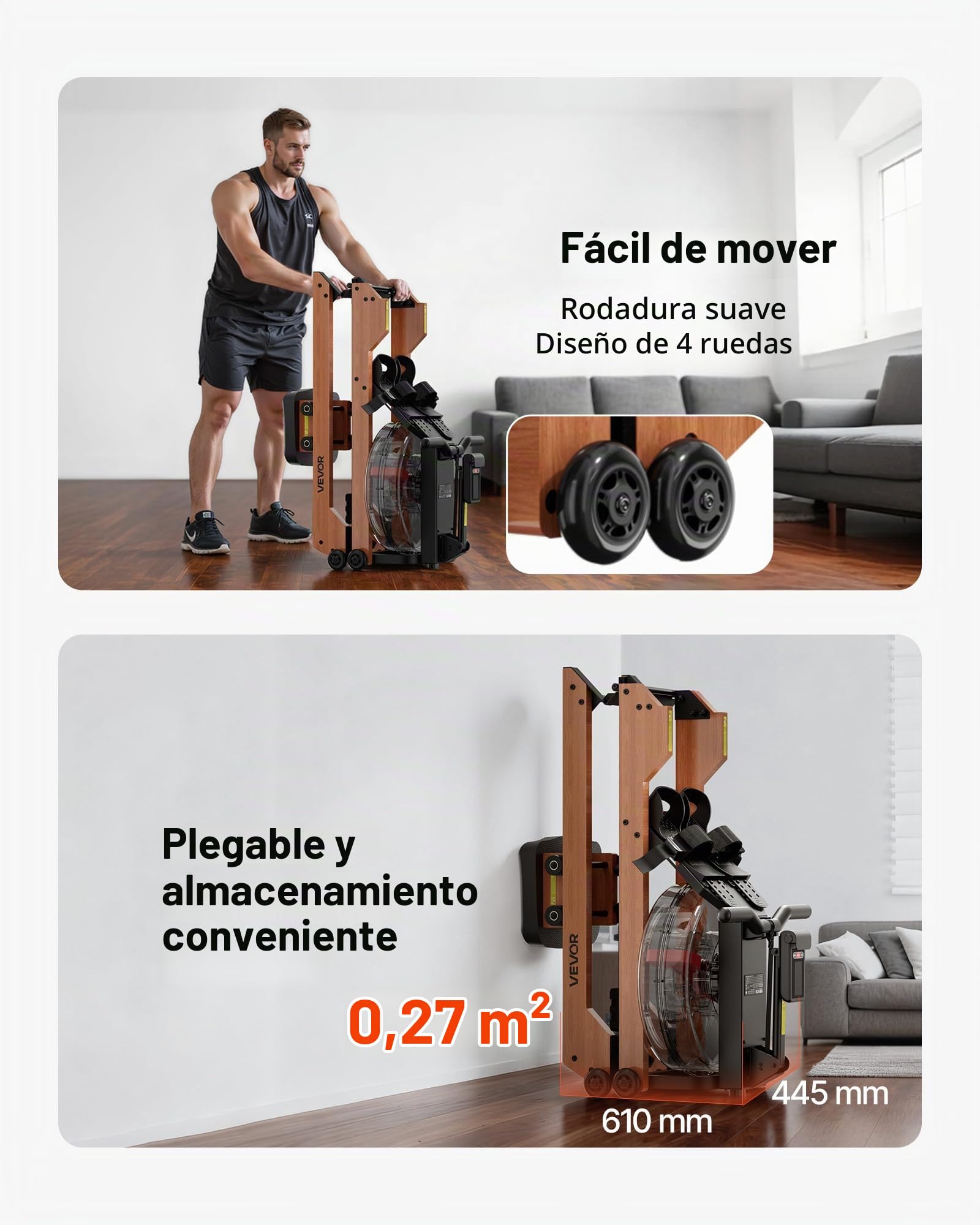 VEVOR Máquina de Remo, con 6 Niveles de Resistencia Silenciosa, Plegable, de Madera, con Tanque de Agua de 14 L y Pantalla LCD, Compatible con Aplicación Bluetooth, Capacidad de Peso de 158 kg
