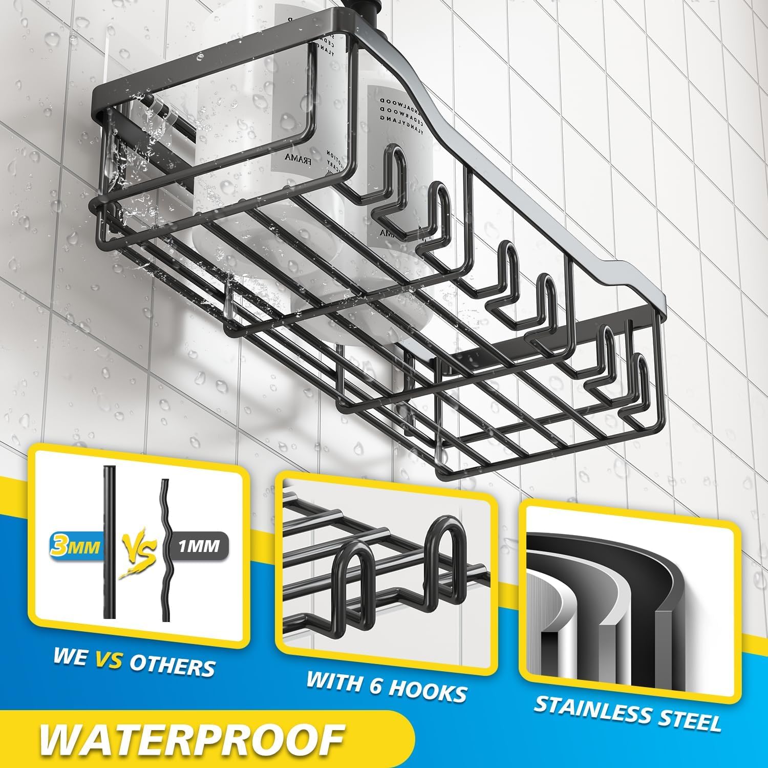 KIKIRICO - Set Da 5 Contenitori Portaoggetti Adesivi Per Doccia In Acciaio Inox Nero: Organizer A Parete Senza Fori, Forti E Antiruggine Per Bagno E Cucina. - 2