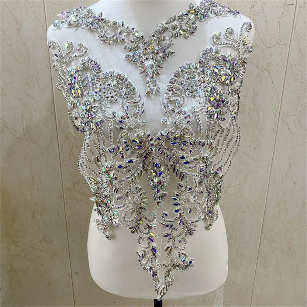 1Pcs Handmade Sew On Wedding Rhinestone African Collar Necklace Patches Appliques Sew On for Party DIY Or Clothes
