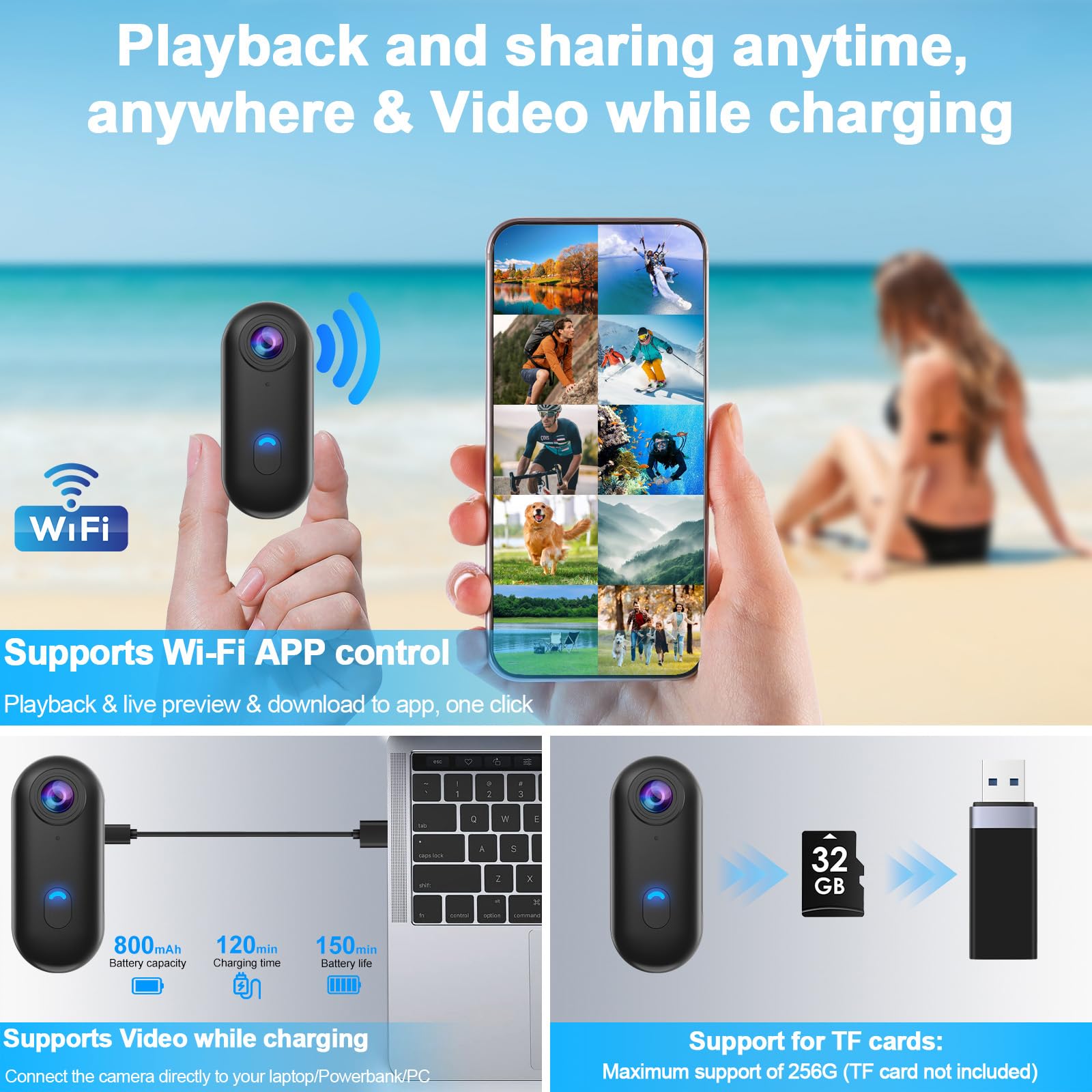 OBEST Mini Cámara Deportiva 4K Impermeable Magnética, Bodycam Vlog WiFi | Gran angular 120°, Control APP, Cámara acción POV para Casco Moto Esquí Surf Buceo Natación Viajes Deportes, Negro