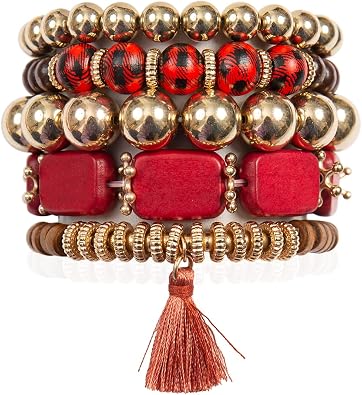 RIAH FASHION Bohemian Beaded Multi Layer Versatile Statement Bracelets - Stackable Stretch Strand Cuff Bangles Sparkly Crystal, Wood Beads