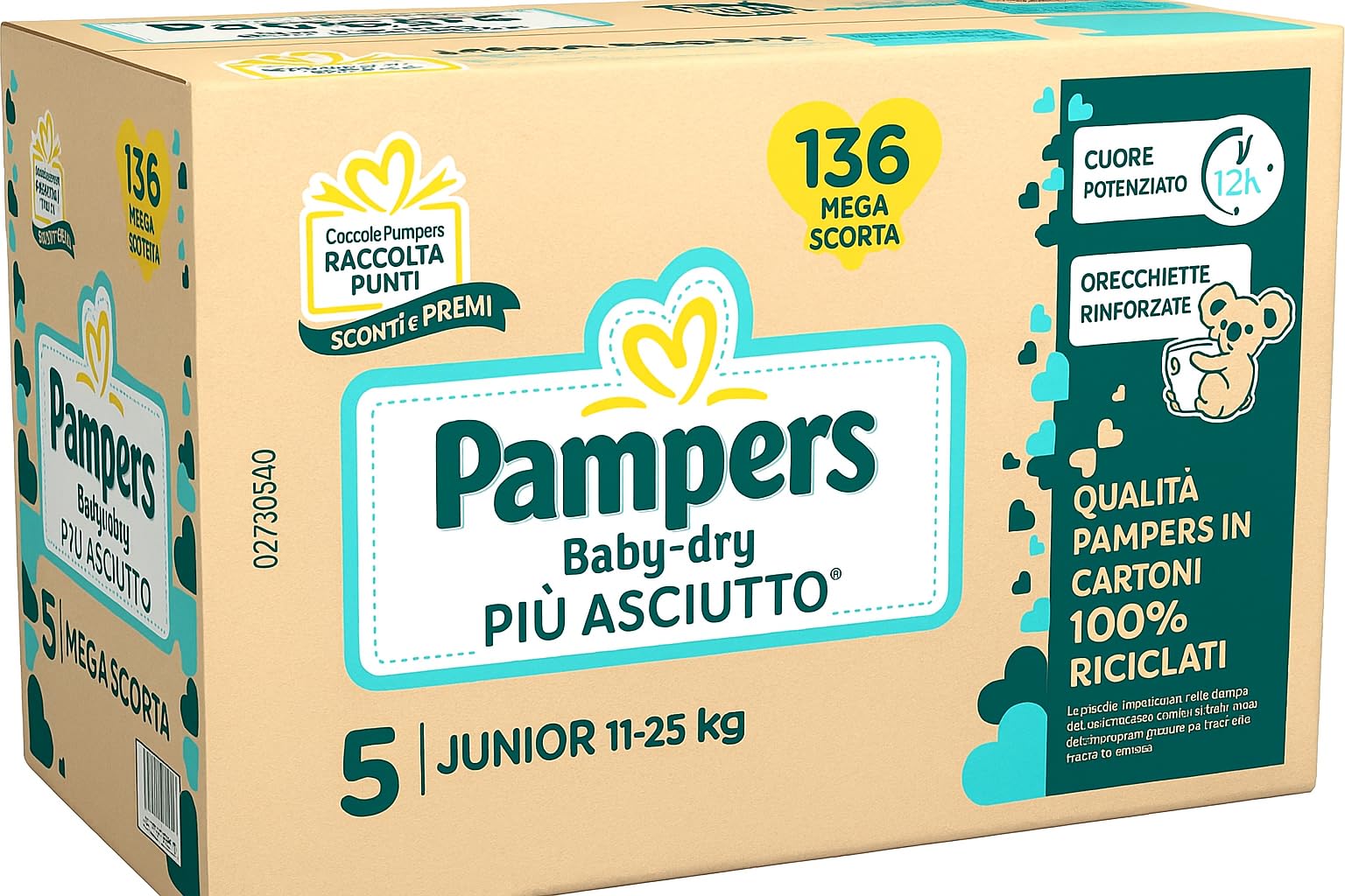 Pampers Baby-dry, Pannolini Taglia 5 Junior, 11-25 kg, Confezione da 136 Pezzi