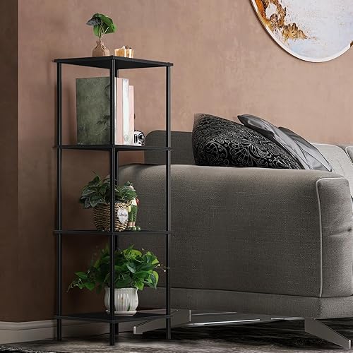 Miniatura 2 de Mesa auxiliar alta negra de 4 niveles de madera de metal moderno soporte de exhibición de flores con almacenamiento para sala de estar, dormitorio,