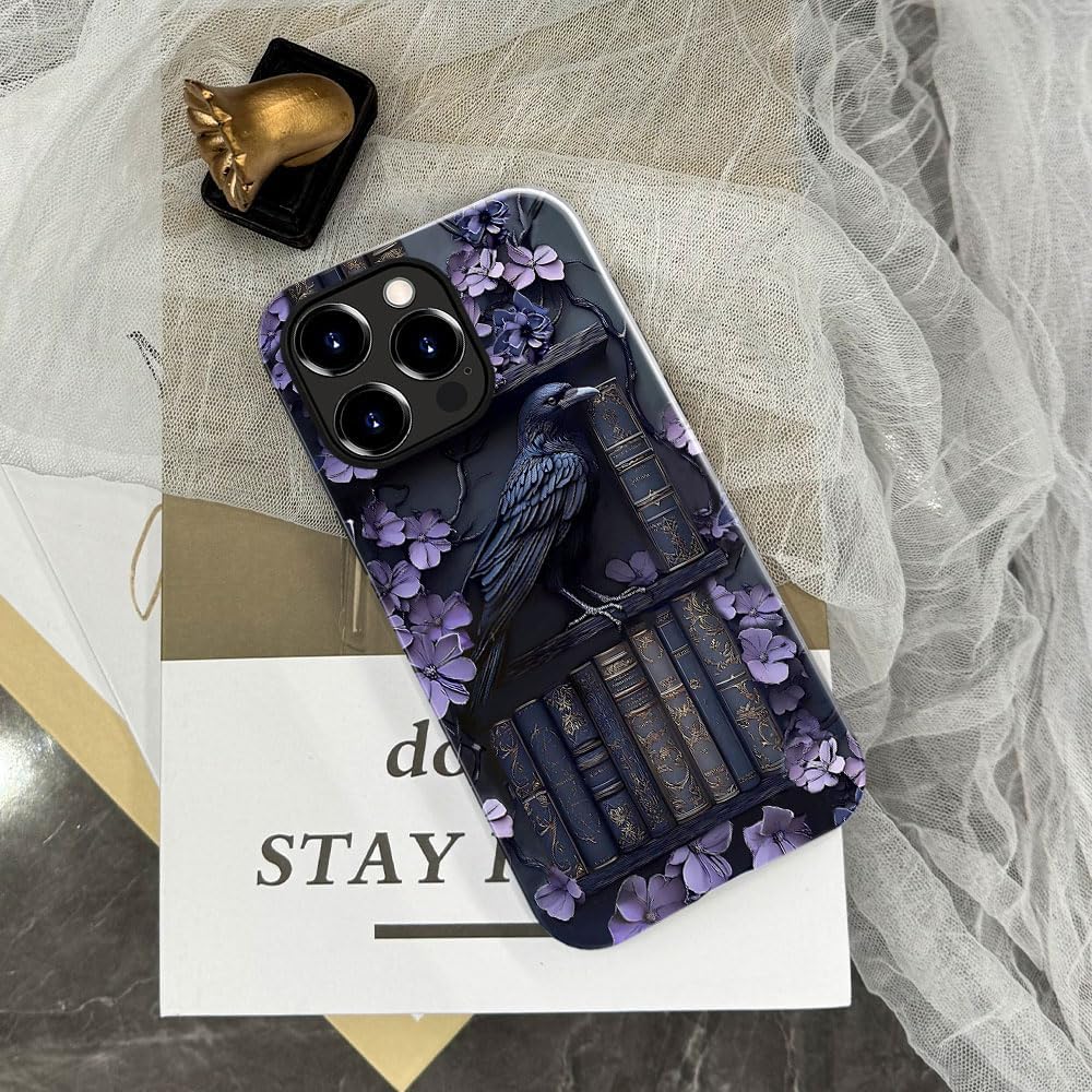 Case Compatible with iPhone 15 Pro Max,Compatible with MagSafe,Glossy Fall Prevention Hybrid 2-Layer Hard Shell Cases for Girls Boys,Purple Floral Crow Bookshelf - Image 5
