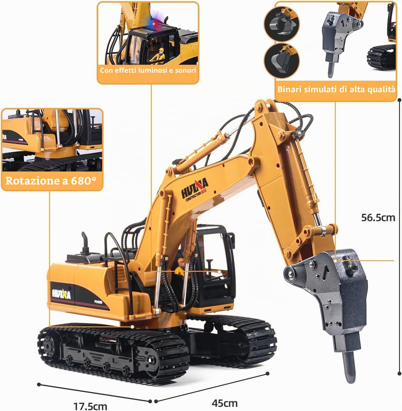 Escavatore telecomandato Huina 1535-1 Rc Escavatore a catena in metallo con martello demolitore e pinza di selezione