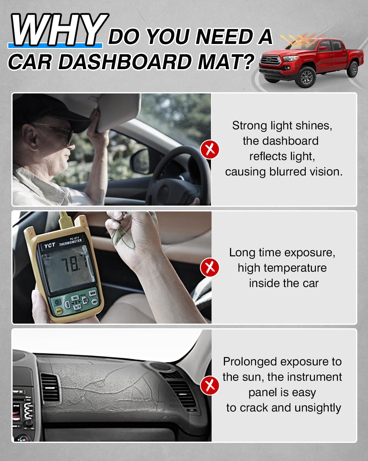 CARTIST Dash Cover Compatible with Toyota Tacoma 2016-2023 Dashboard Cover Mat Non-Slip Carpet Sunshield Glare UV Rays Protector
