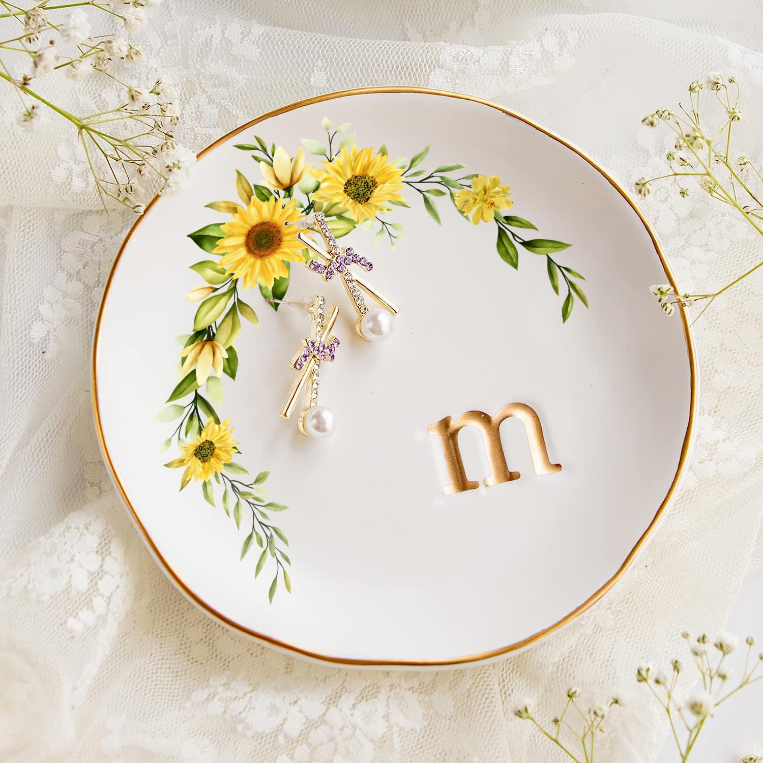 COLLECTIVE HOME - Ceramic Jewelry Tray, Trinket Dish for Rings Earrings Necklaces Bracelet Watch Keys, Birthday Mother's Day Christmas Gift for Women, 4.75", White Surface wirh Sunflowers (m)